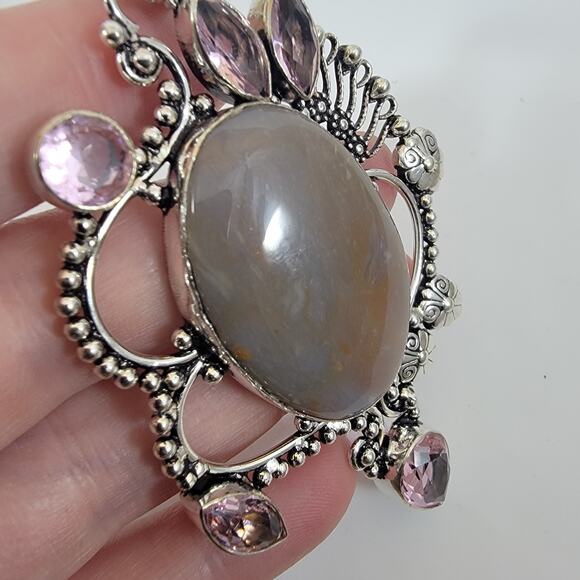 Handmade Silver Pendant with Moon Agate and Pink Topaz Accents - Picture 10 of 10
